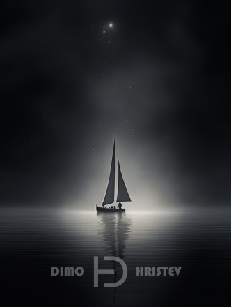 Sailboats floating in the dark